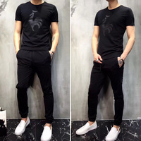 2017夏季新款潮牌T恤公鸡印花韩版潮流短袖两件套运动休闲套装男