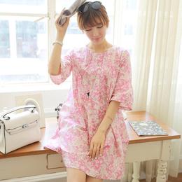 2014韩版秋装印花压褶喇叭袖短袖娃娃款宽松连衣裙