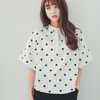 韩国小清新2016波点上衣五分袖棉麻衬衫女春季蝙蝠袖休闲短款衬衣