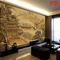 中式大型壁画立体浮雕电视背景无缝墙布壁纸风景山水画财源广进