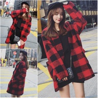 2015冬季新款韩版红黑格子宽松大码中长款长袖毛呢外套大衣女装潮