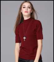 新款女式短袖羊绒衫修身半袖高领打底衫欧美圆领纯色毛衣针织衫