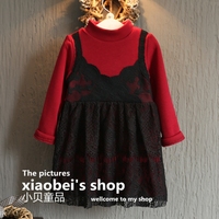 喜多韩国童装2015冬装新品女童小女人味儿假两件加厚蕾丝连衣裙