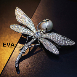 EVA品牌 锆石水晶蜻蜓珍珠高档胸针胸花韩国昆虫别针女衣配装饰品