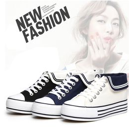 2015新款韩版帆布鞋女内增高低帮系带海军风女式布鞋 学生休闲鞋