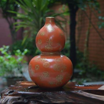 清乾隆珐琅彩粉彩胡红描金皮球花纹葫芦花瓶 古董古玩古瓷器收藏