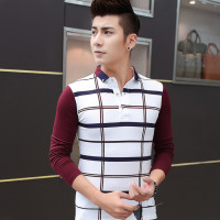 2015秋季青年男士韩版长袖T恤薄款纯棉翻领休闲格子t恤修身上衣潮