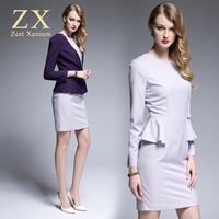 ZX优雅长袖淡紫色ol名媛气质时尚荷叶边修身显瘦连衣裙白领女装秋