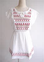 2014夏季韩版甜美前胸刺绣斜插口袋白色带内衬连衣裙