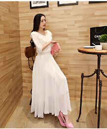 2014韩版通勤OL气质连衣裙 娃娃领白色雪纺五分袖女神款沙滩裙