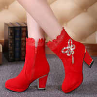 冬季新款结婚靴子粗跟婚靴孕妇婚鞋加绒保暖中跟舒适新娘鞋红色