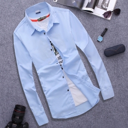 2016衬衫男长袖青少年学生韩版休闲薄款秋季修身纯色青年商务衬衣