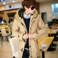 冬季青少年中长款风衣韩版修身单排扣加绒加厚大毛领风衣外套男装