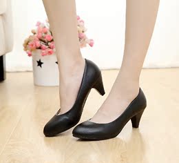 职业工作鞋女士黑色5cm中跟高跟鞋粗跟OL工装皮鞋低跟浅口女单鞋