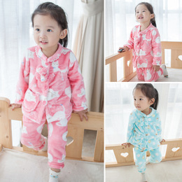 女童家居服套装冬季新款法兰绒超柔卡通动物印花加厚儿童韩版睡衣