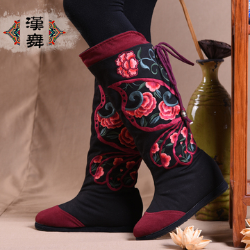 汉舞冬季民族风布靴子内增高加厚加绒拼色长款高筒绣花靴女鞋鸿古