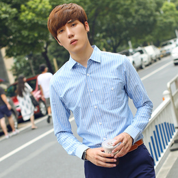 MUT2016韩版新品纯棉男士衬衫修身长袖蓝白条纹休闲男装衬衣