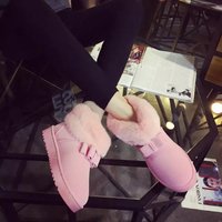 包邮2015冬季甜美粉色女生毛毛鞋加绒保暖棉靴蝴蝶结平底雪地靴子