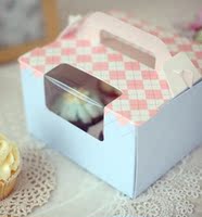 批发烘焙包装 粉蓝格子马芬盒 4粒装手提蛋糕盒 乳酪盒 含底托