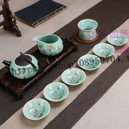 陶瓷功夫茶具套装特价 龙泉青瓷茶具 手绘荷花茶具陶瓷茶壶茶杯
