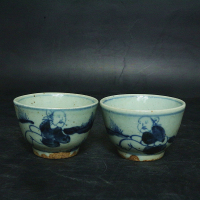 明 青花高士纹小酒杯茶杯一对 古董古玩 老货旧货 高仿瓷器 收藏