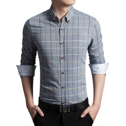 韩版春季新款男士长袖商务休闲衬衫纯棉修身青年大码格子衬衣潮流