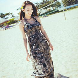 刘钰懿同款2016年夏季V领吊带挂脖长裙海边度假裙波西米亚沙滩裙