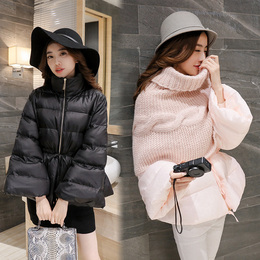 2015韩版冬季大码宽松加厚斗篷高领外套喇叭袖棉衣送围脖