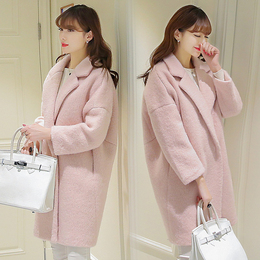 2015冬季新款女装加厚羊毛呢子外套中长款毛呢女外套茧型粉色大衣