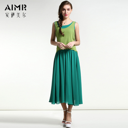 2015夏季欧版新品 无袖背心长裙中腰修身气质雪纺连衣裙 绿