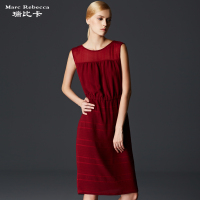 瑞比卡2015夏季新款 高端气质通勤纱网拼接红色无袖连衣裙中长裙