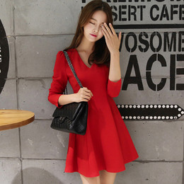 新款2016春韩版女装加厚修身名媛气质大码蓬蓬泡泡袖连衣裙