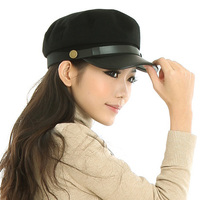 文章同款韩国春夏季男女士加固哑光皮质帽檐铜扣海军帽 平顶帽子