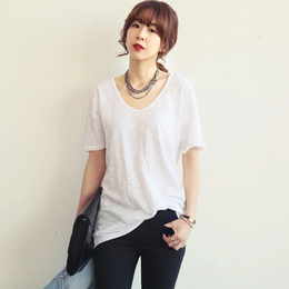 2015夏季新款韩版女装 竹节棉宽松V领短袖t恤大码纯白色中长款学