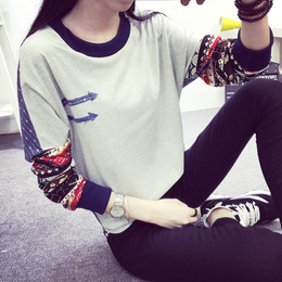 韩版秋季大码女装宽松蝙蝠袖T恤纯棉圆领学生小衫民族风上衣打底