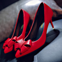 韩国款7.5cm职业高跟鞋蝴蝶结尖头小皮鞋亚光皮浅口单鞋红色婚鞋