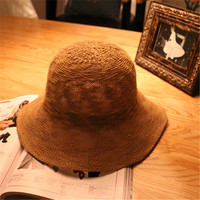 秋装新款可折叠草帽棉麻针织韩版软大沿遮阳帽透气荷叶边帽子hat
