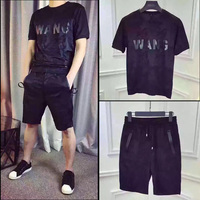 2017夏季新款WANG潮牌T恤 男士短裤短袖两件套运动休闲迷彩套装男