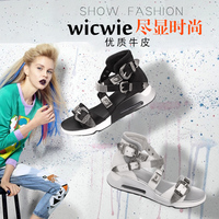 WICWIE欧洲站2015欧美新款真皮高帮运动厚底金属扣平底罗马凉鞋女