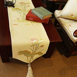 定制现代新中式古典荷花桌旗客厅电视柜餐桌布艺茶几长方形桌布