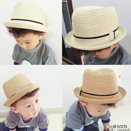 【天天特价】夏宝宝遮阳帽婴儿童帽子男童礼帽草帽翻边度假盆帽子