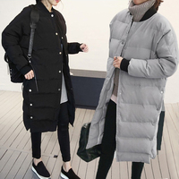 2015最新韩版简约时尚冬季加厚过膝保暖羽绒棉服中长款黑色金属扣