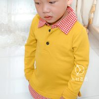 秋装童装纯棉长袖T恤韩版时尚男女童格子衬衫拼接假两件套头上衣
