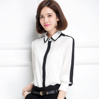 2016春装新款职业衬衫韩版polo领长袖条纹显瘦气质上衣黑白撞色女