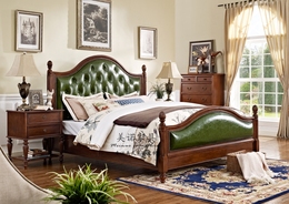 美式乡村实木床欧式真皮1.8米双人床真皮1.5米婚床北欧现代实木床