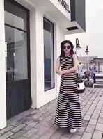 夏季新款韩版条纹显瘦连衣裙 无袖收腰圆领横条紋长裙 沙滩裙