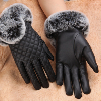 皮手套女士冬季加绒加厚保暖触屏手套真实獭兔毛口网格大毛口包邮