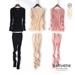 竹纤维自发热毛圈薄款V领蕾丝性感修身美体女保暖套装V8014