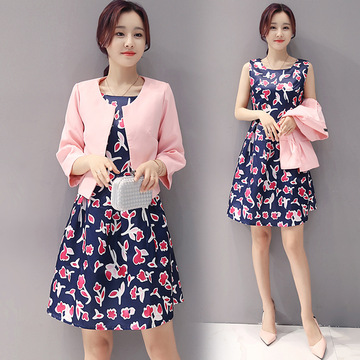 2016秋季韩版新款女装印花连衣裙外套背心裙套装女两件套时尚秋装