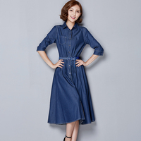 中袖连衣裙2015秋装新款女式韩版修身中长款单排扣系带牛仔连衣裙